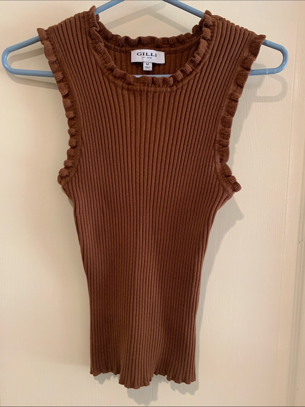 Gilli Chocolate Brown Ribbed Ruffle-Trim Tank